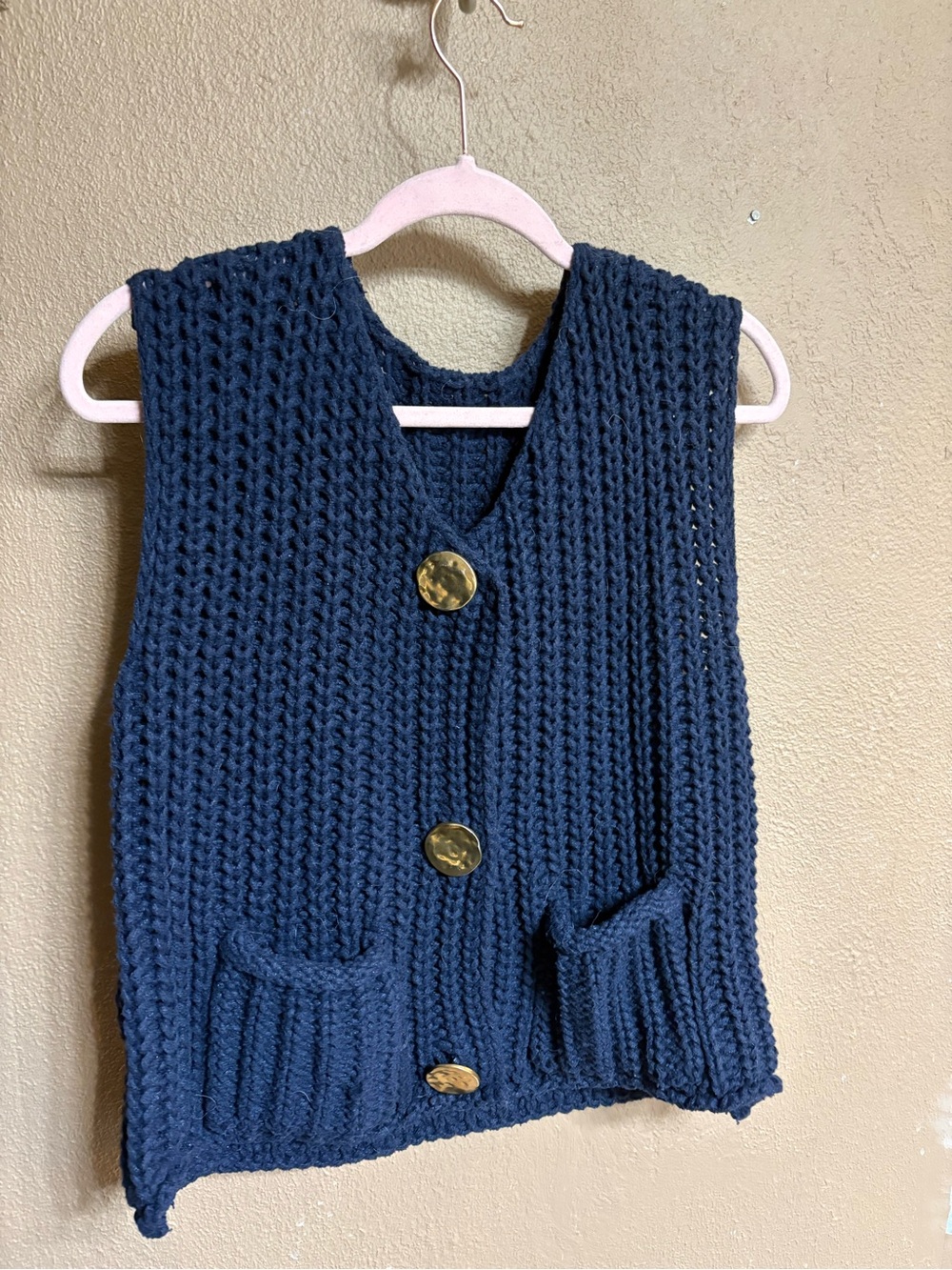 Amazon Navy Chunky Knit V-Neck Button Front Sweater Vest